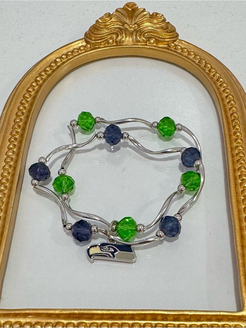 New Beaded Stretchy Bracelet with Green & Navy Faceted Beads